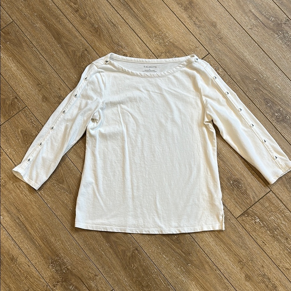 NWOT Talbots Cotton White Button-Detail Three-Quarter Sleeve Top Size M